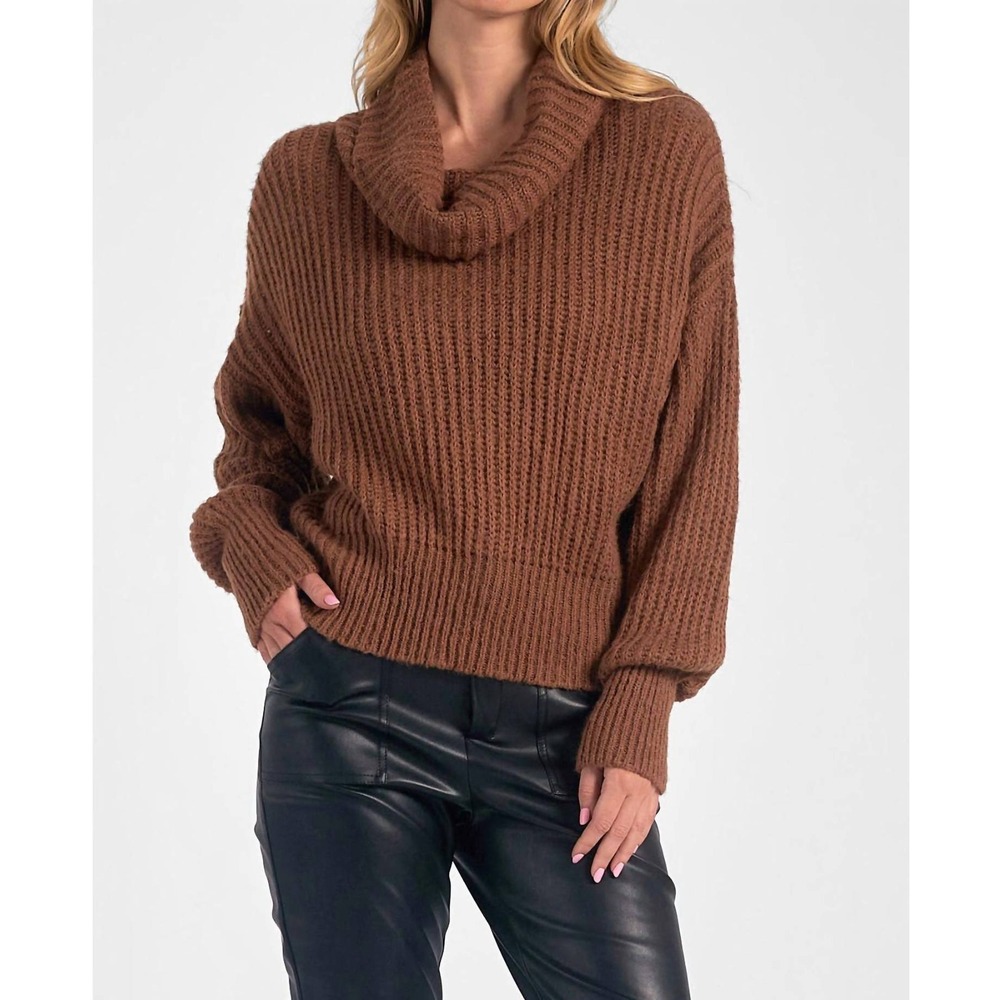 Elan‎ Cozy Ribbed Cowl Neck Sweater Brown Size M
